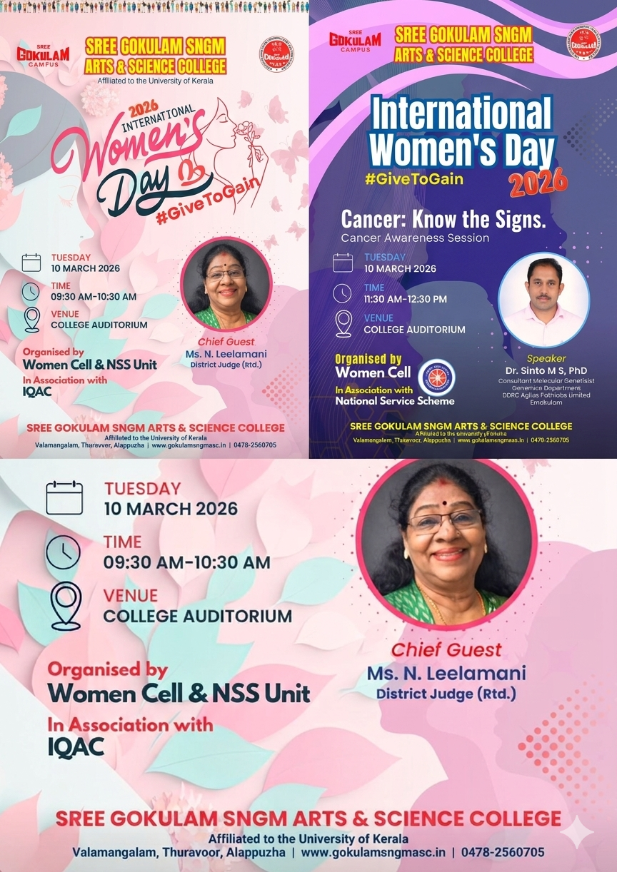Sree Gokulam SNGM Arts and Science College to Host Commemorative Events for International Women’s Day 2026